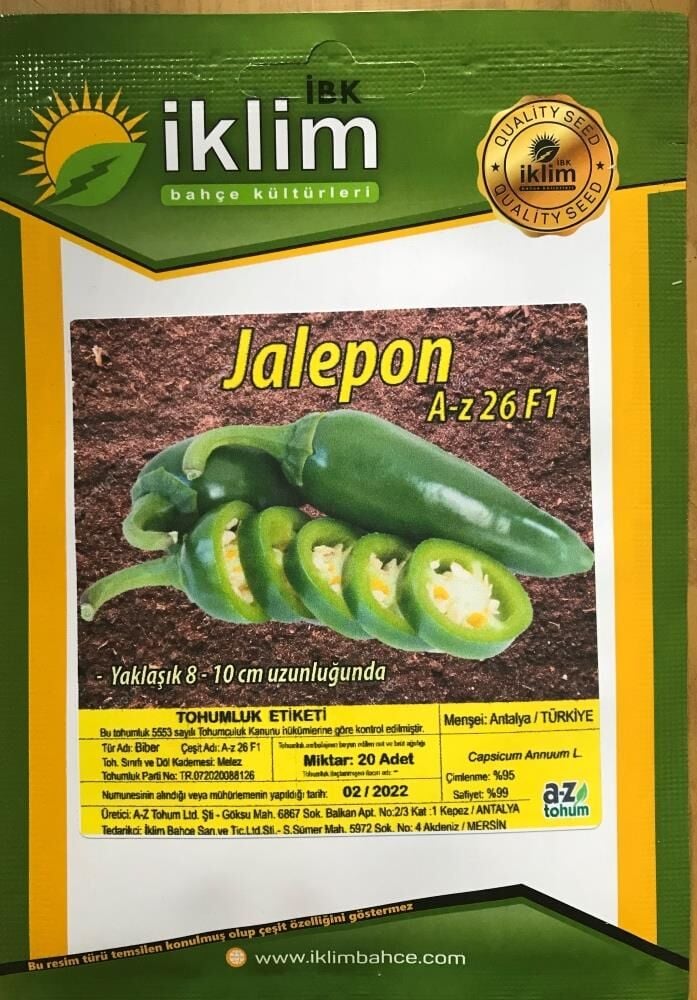 Biber Tohumu Hibrit BİBER A-Z-26 F1 JALEPONE TİPİ - 20 Adet Tohumluk
