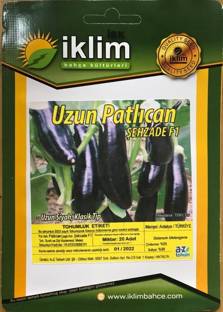 Patlıcan Tohumu Hibrit A-Z-61 ŞEHZADE F1 KLASİK PATLICAN - 20 Adet Tohumluk