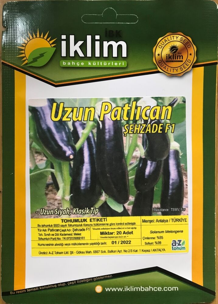 Patlıcan Tohumu Hibrit A-Z-61 ŞEHZADE F1 KLASİK PATLICAN - 20 Adet Tohumluk