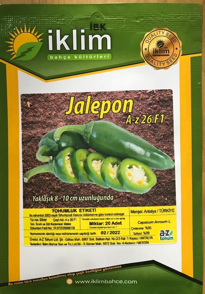 Biber Tohumu Hibrit BİBER A-Z-26 F1 JALEPONE TİPİ - 20 Adet Tohumluk