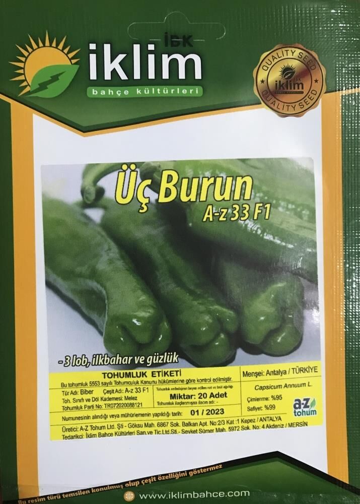 A-Z TOHUM BİBER TOHUMU A-Z 33 F1 TATLI ÜÇ BURUN BİBER 20 ADET TOHUMLUK