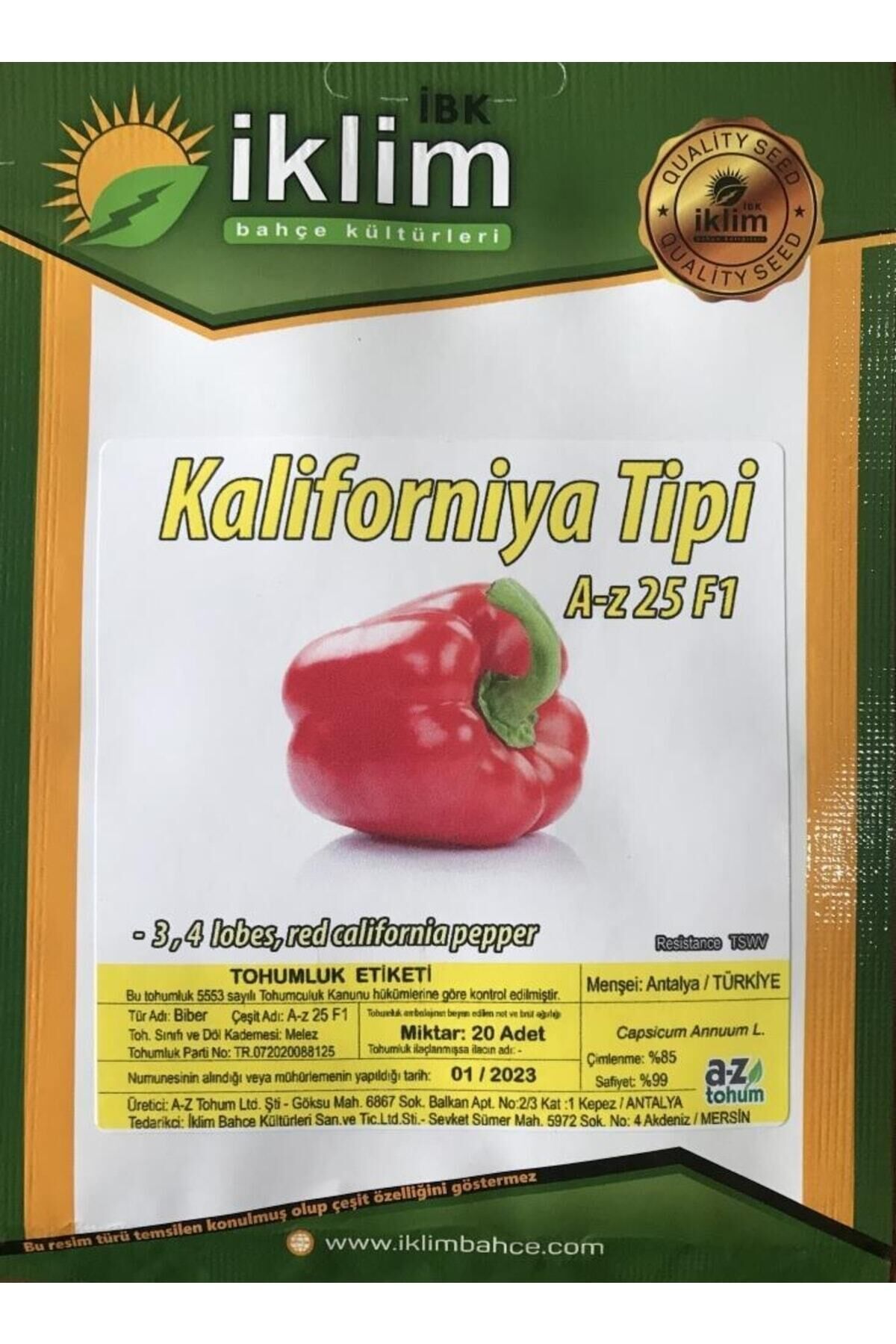 Karahasanoğlu Tarım A-z Tohum Biber Tohumu A-z 25 F1 Kalifornia Tipi Biber - 20 Adet Tohumluk