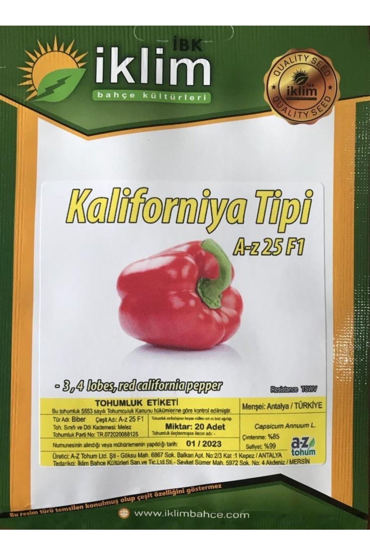 Karahasanoğlu Tarım A-z Tohum Biber Tohumu A-z 25 F1 Kalifornia Tipi Biber - 20 Adet Tohumluk