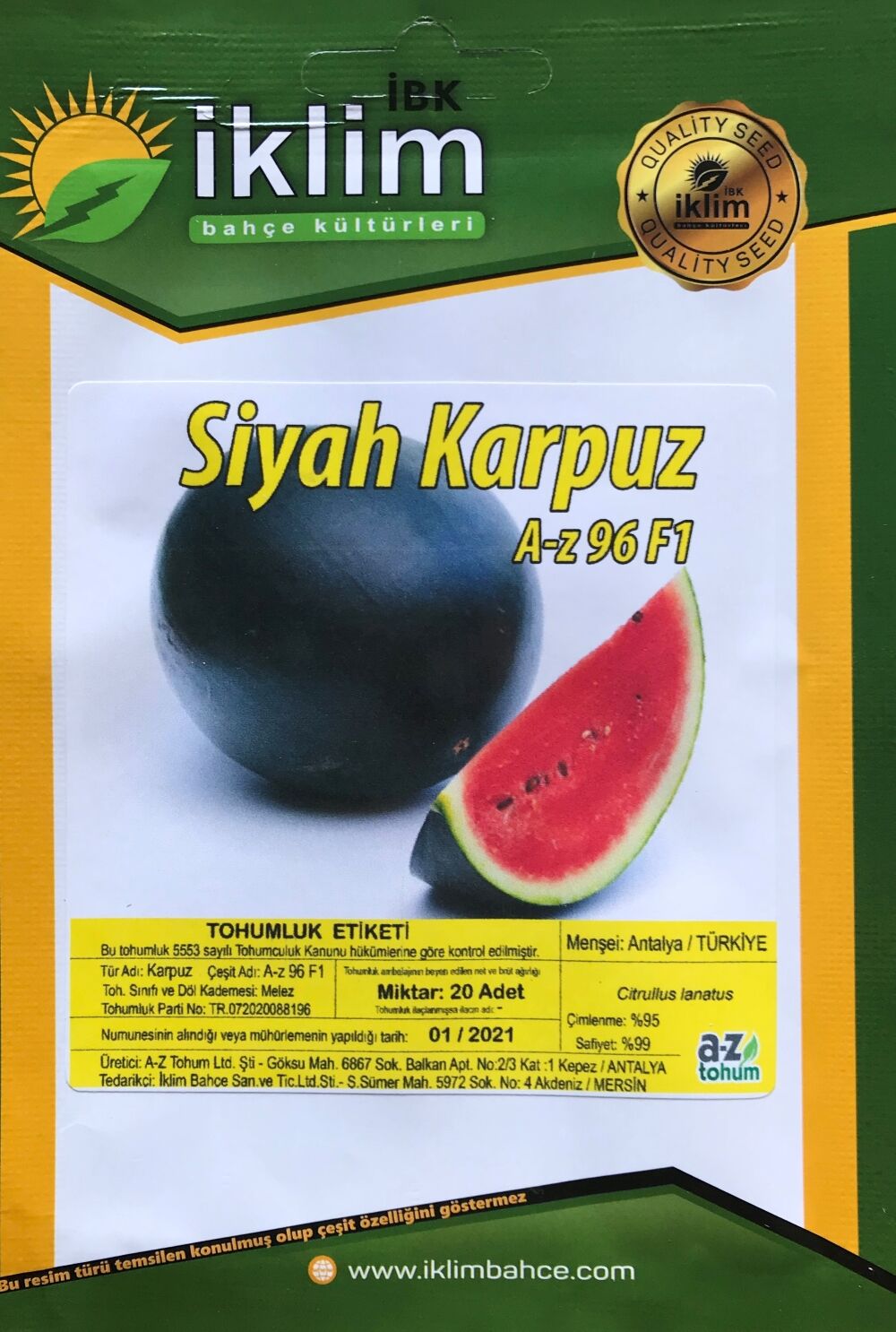 Karpuz Tohumu Hibrit A-Z-96 F1 SİYAH KARPUZ -20 Adet Tohumluk
